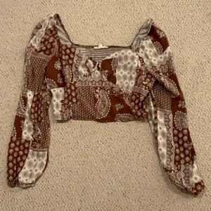 Western print puff sleeve crop top